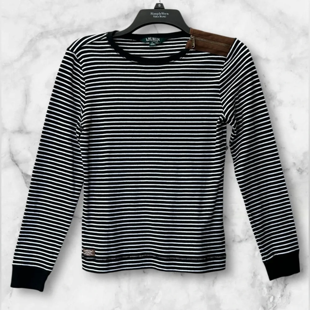 Lauren Ralph Lauren Black White Striped Top Suede Elbow Patches and Accents Sz M - Picture 2 of 15